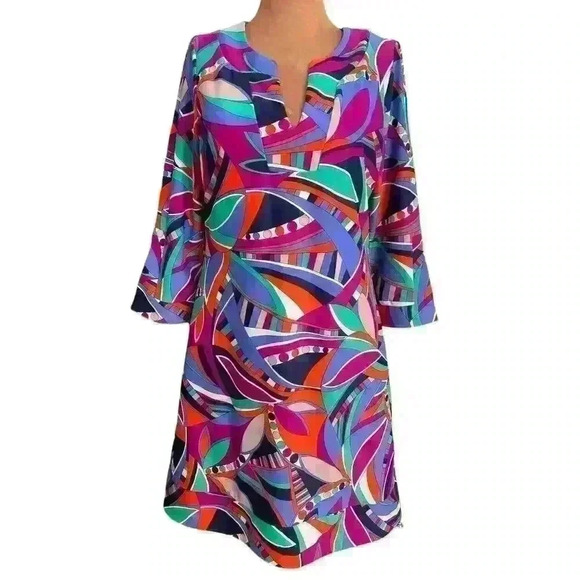 Jude Connally Sz S Megan Dress Retro Print Purple Stretch A-line Mod 60's Funky - Picture 2 of 16